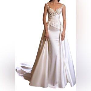 Detachable Train Floral Lace Wedding Dress With Corset Mermaid Long Bridal Gown